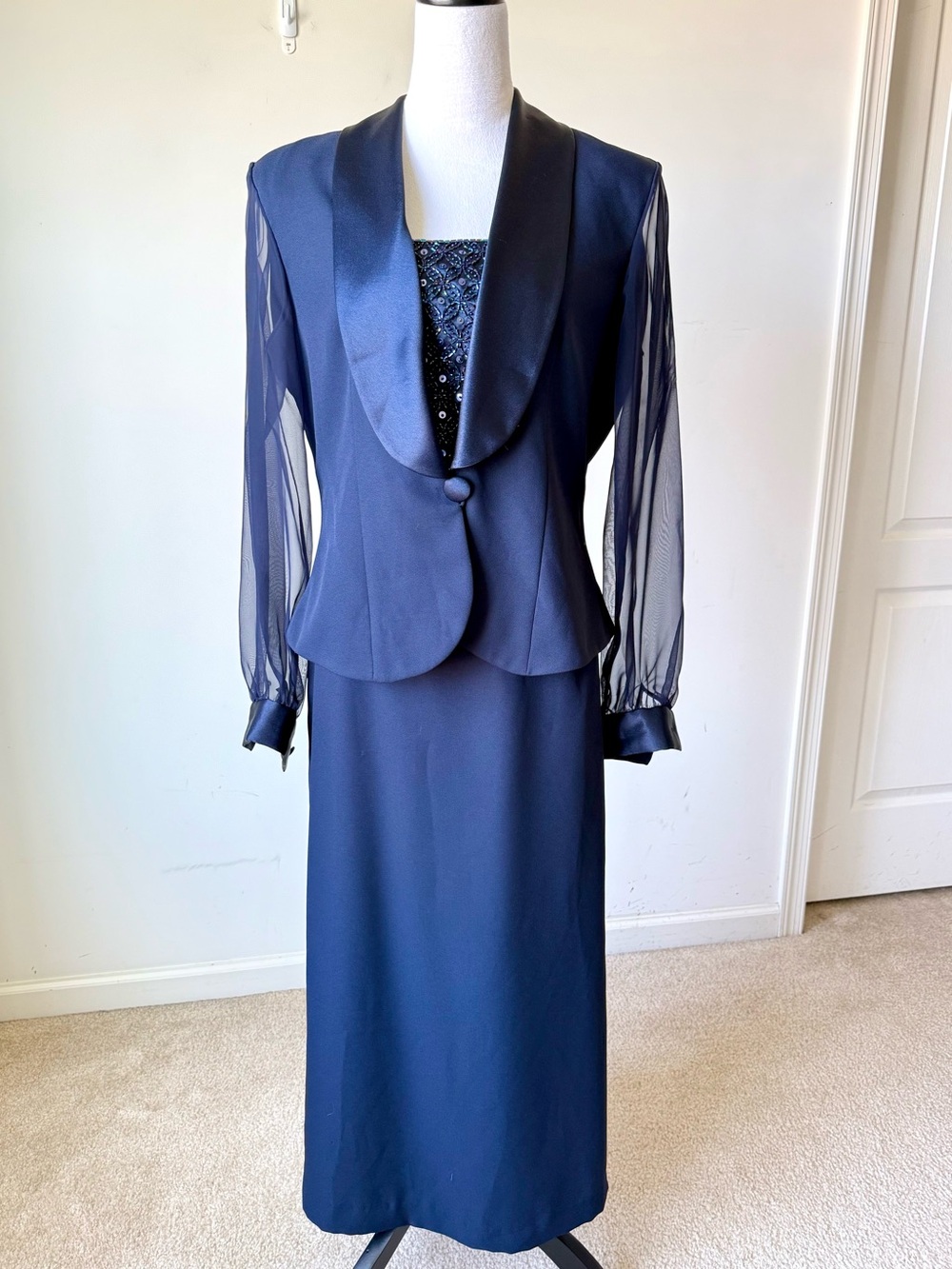 JR NITES Elegant Beaded Navy Women's Skirt Suit Set with Sheer Sleeves—SZ. 12